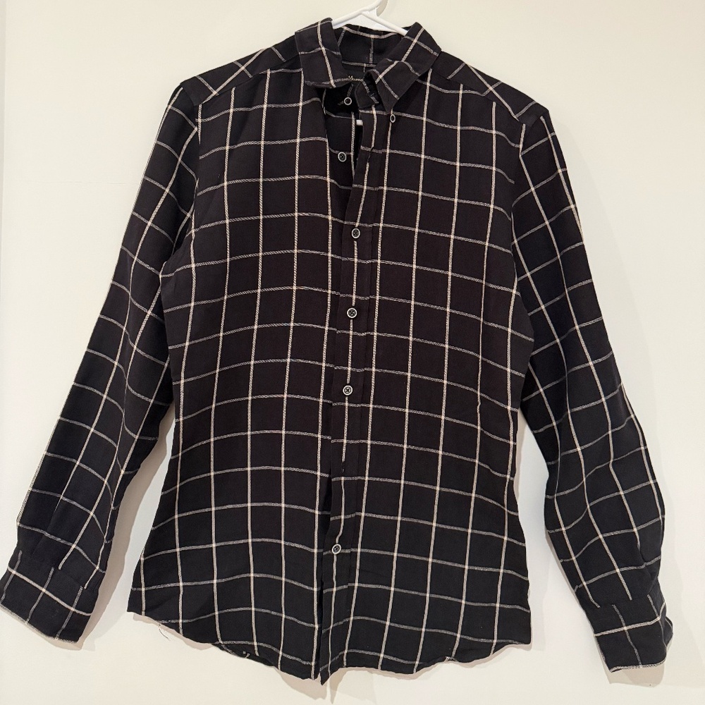Massimo Dutti Shirt Mens S Navy Blue Cotton Linen Long Sleeve Button-Up Slim